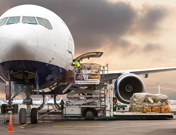 air freight being loaded on plane